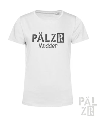 Weißes T-Shirt mit ’pälzb’- und ’mudder’-Design, Baumwollmaterial.