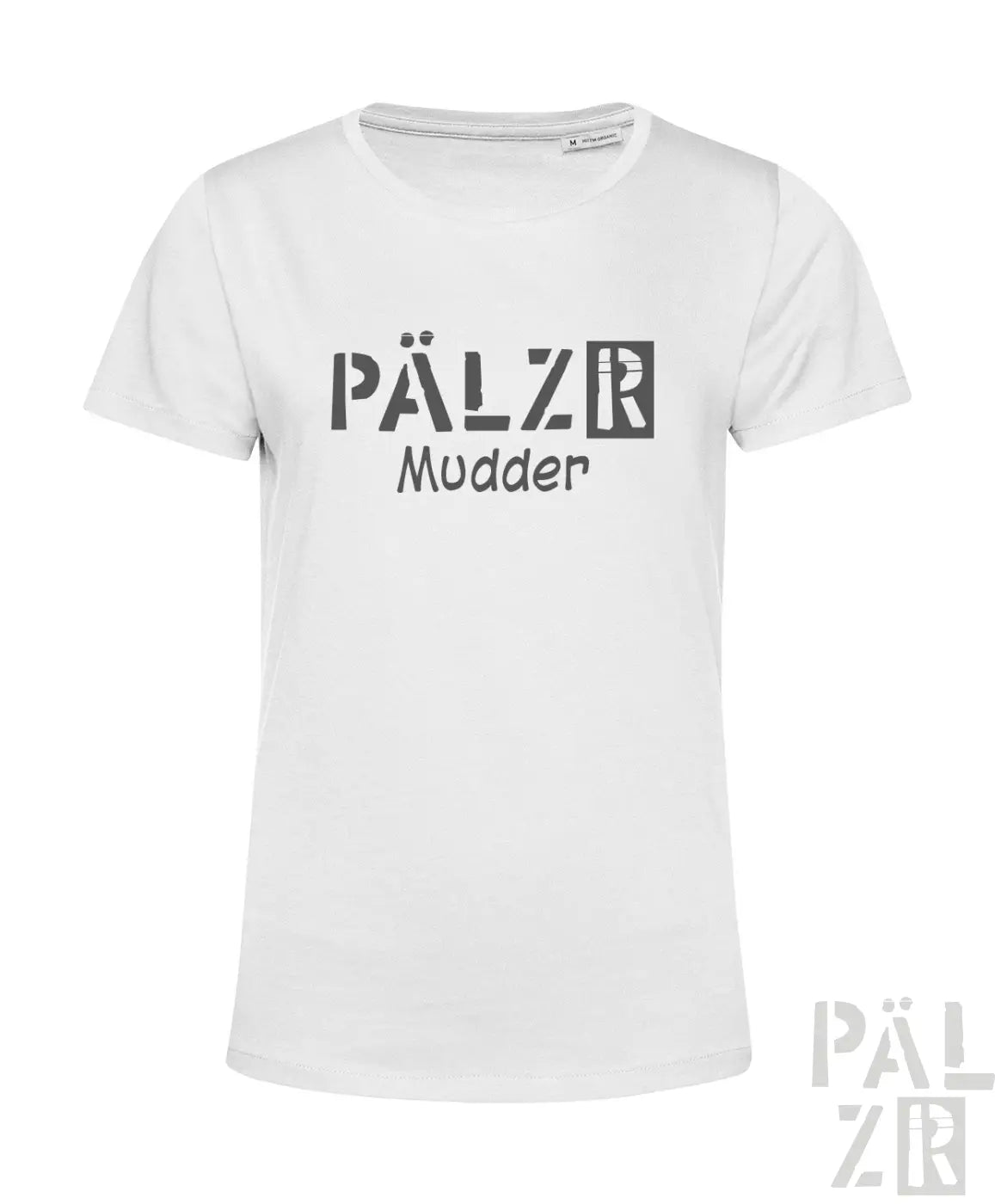 Weißes T-Shirt mit ’pälzb’- und ’mudder’-Design, Baumwollmaterial.