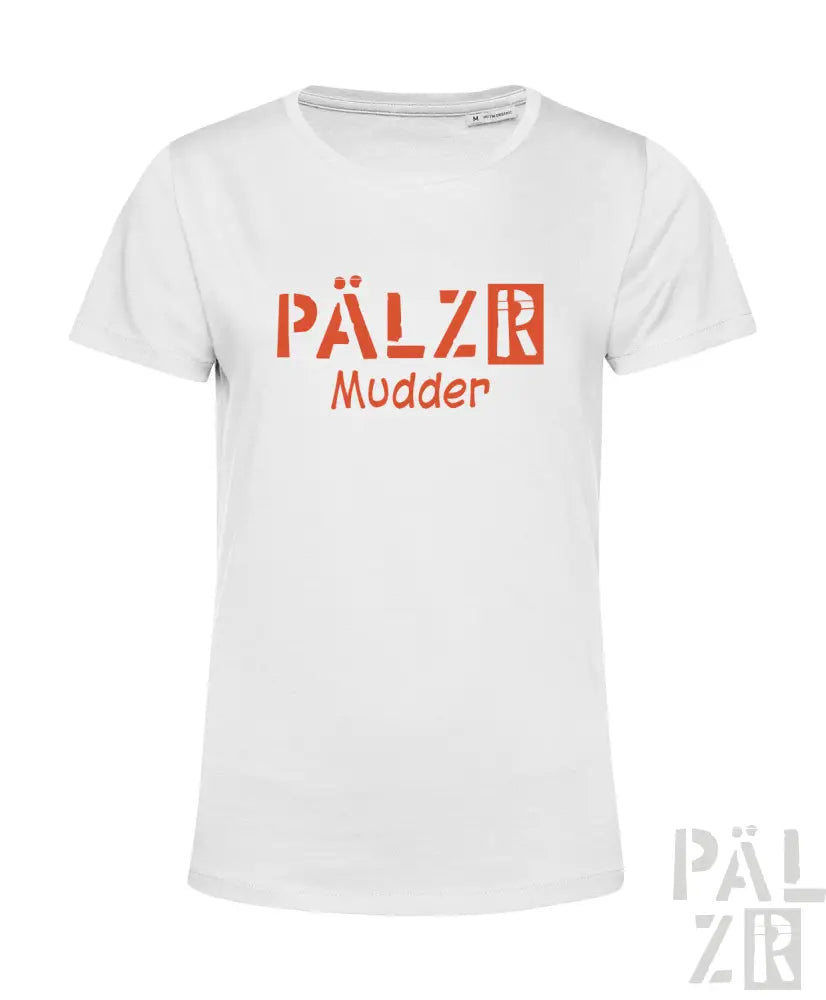Weißes T-Shirt mit rotem Text ’pälzr’ und ’mudder’, aus Baumwolle.