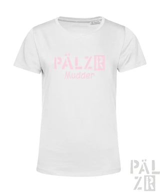 Weißes T-Shirt mit pinkem ’palzir’-Logo und Textdesign.