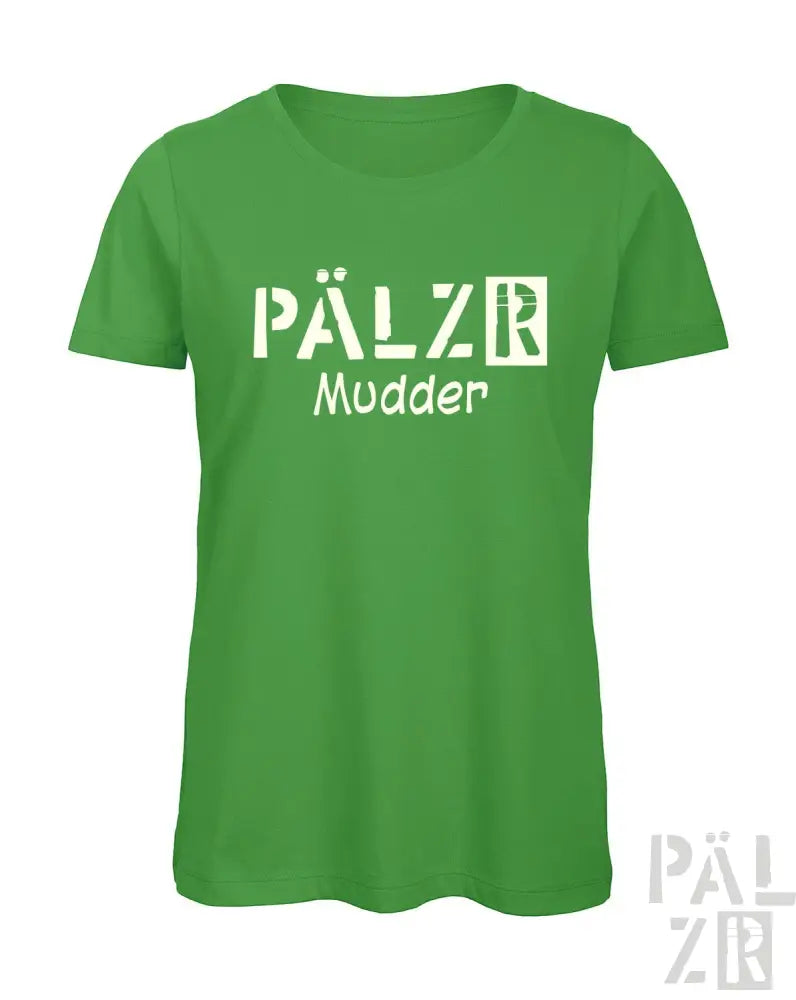 Grünes T-Shirt mit ’pälzr mudder’-Design und Logo.