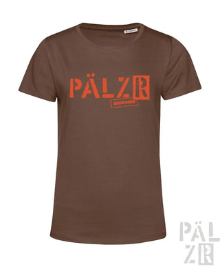 Braun T-Shirt mit orangem ’pälzr’-Logo und schwarzem Text auf der Rückseite.