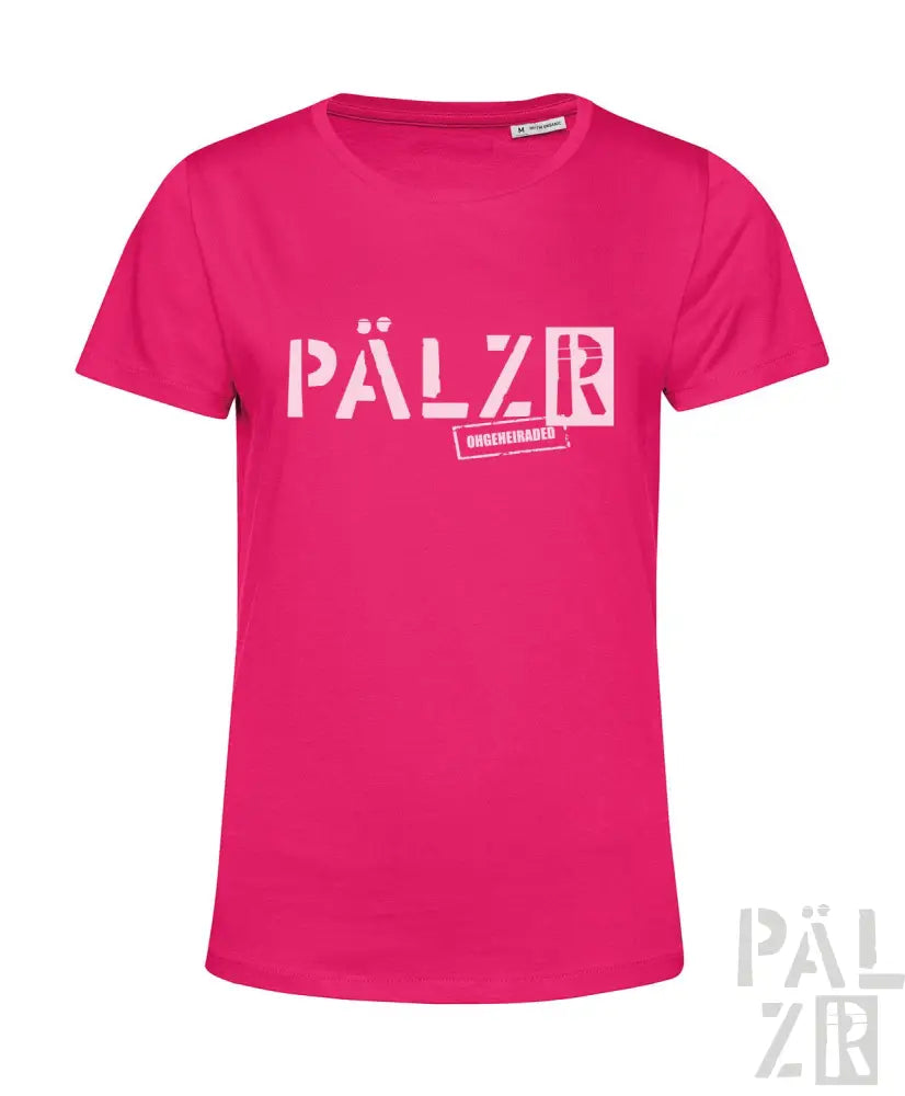 Rosa T-Shirt mit ’pälzr’-Logo und Grafikdesign, aus Baumwolle gefertigt.
