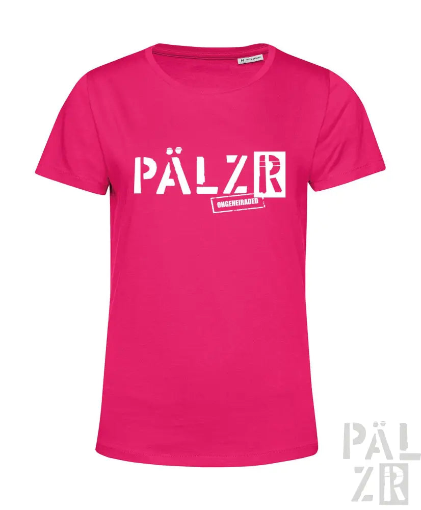 Fuchsia-pink T-Shirt mit ’pälzr’-Logo und grafischem Design.