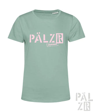 Mintgrünes T-Shirt mit ’pälzr’-Logo in pinkem und weißem Design, aus Baumwolle gefertigt.