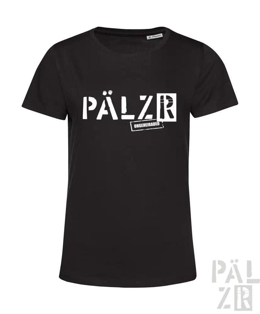 Schwarzes T-Shirt mit weißem ‚pälzr‘-Logo und Grafikdesign, das eine kleine Silhouette einer Person zeigt.