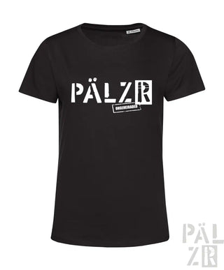 Schwarzes T-Shirt mit weißem ‚pälzr‘-Logo und Grafikdesign, das eine kleine Silhouette einer Person zeigt.