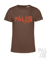 Braunes frauen t-shirt mit kurzen ärmeln und orange pälzr logo plus kleinem text darunter in verschiedenen farben