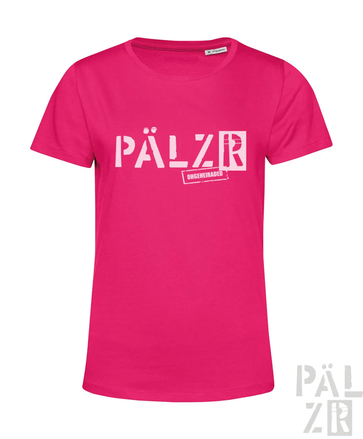 Knallpinkes frauen t-shirt mit weißem pälzr grafik und kleinem text darunter aus der serie pälzr ohgeheiraqed