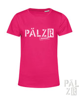 Knallpinkes frauen t-shirt mit weißem pälzr grafik und kleinem text darunter aus der serie pälzr ohgeheiraqed