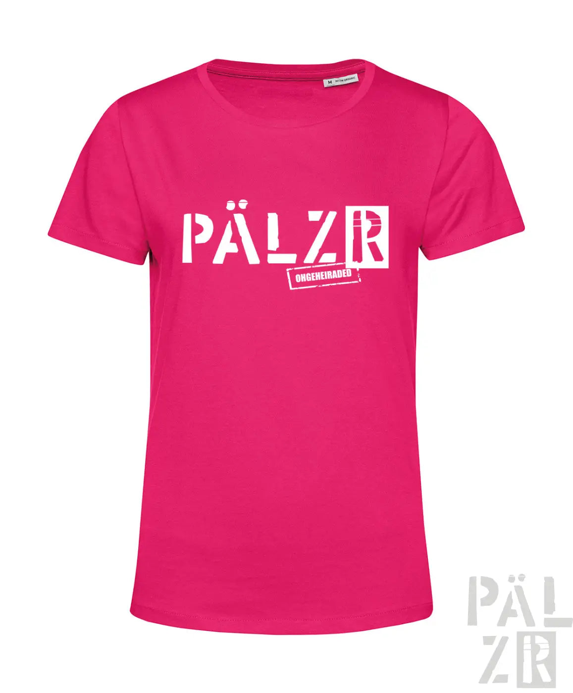 Frauen t-shirt in pink mit weißem pälzr schriftzug und kleinem ongereired stempel in verschiedenen farben