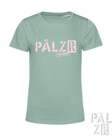 Frauen t-shirt in minzgrün mit kurzem arm und pinkem pälzr schriftzug sowie kleinem text darunter