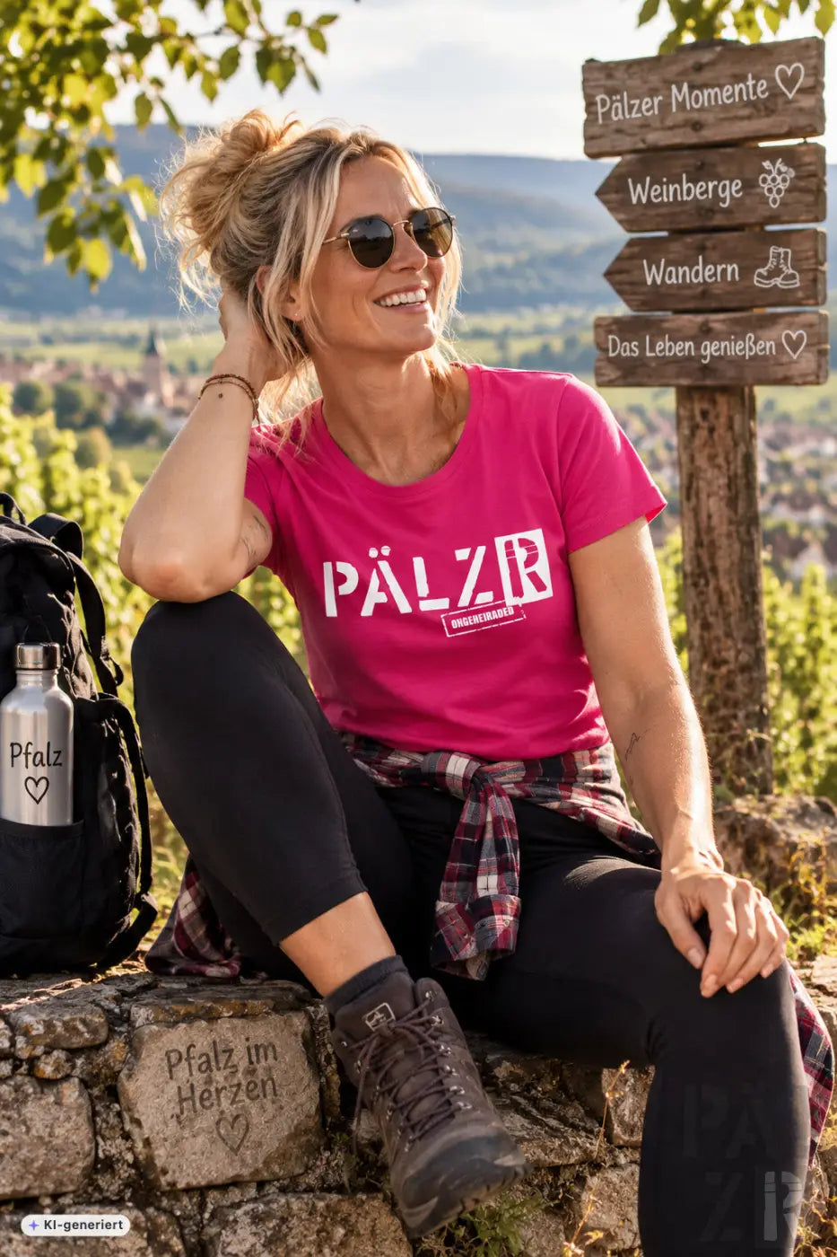 Frauen rosa t-shirt mit weißem pälz lettering und kleinem rechteckigem logo aus verschiedenen farben
