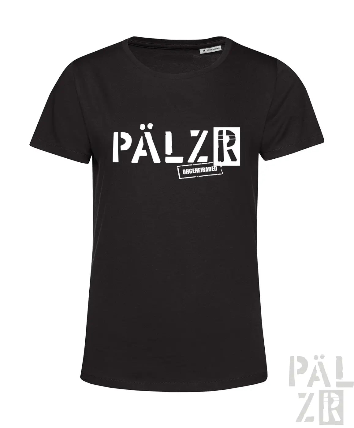 Schwarzes frauen t-shirt aus baumwolle mit weißem pälzr schriftzug und kleiner ohgereired label darunter