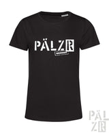 Schwarzes frauen t-shirt aus baumwolle mit weißem pälzr schriftzug und kleiner ohgereired label darunter