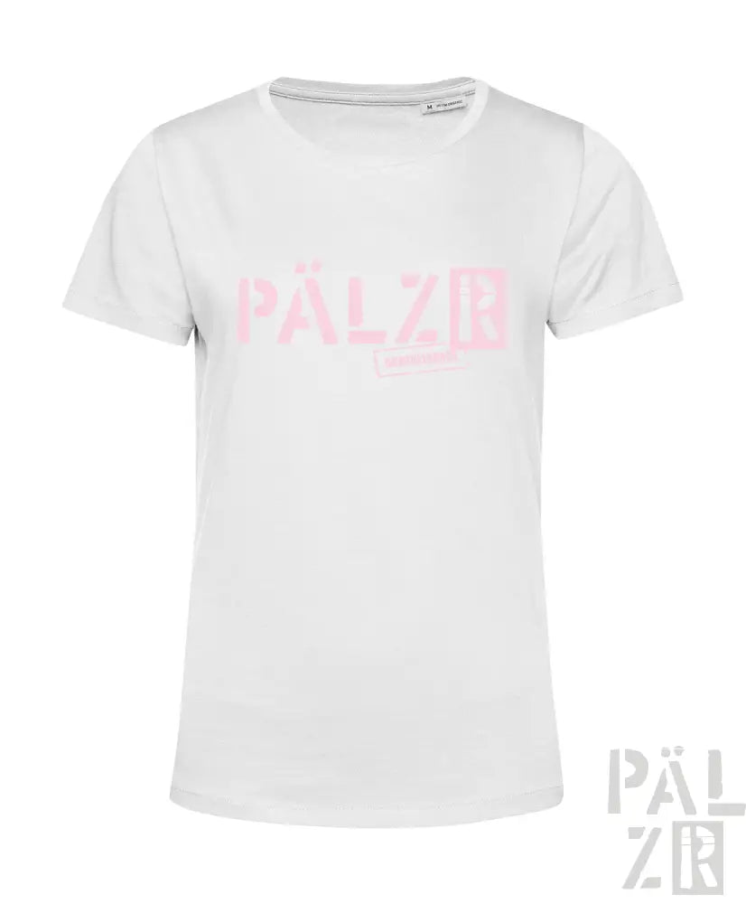 Weißes T-Shirt mit pinkem „pälzr“-Logo und schwarzem Text auf der Rückseite.