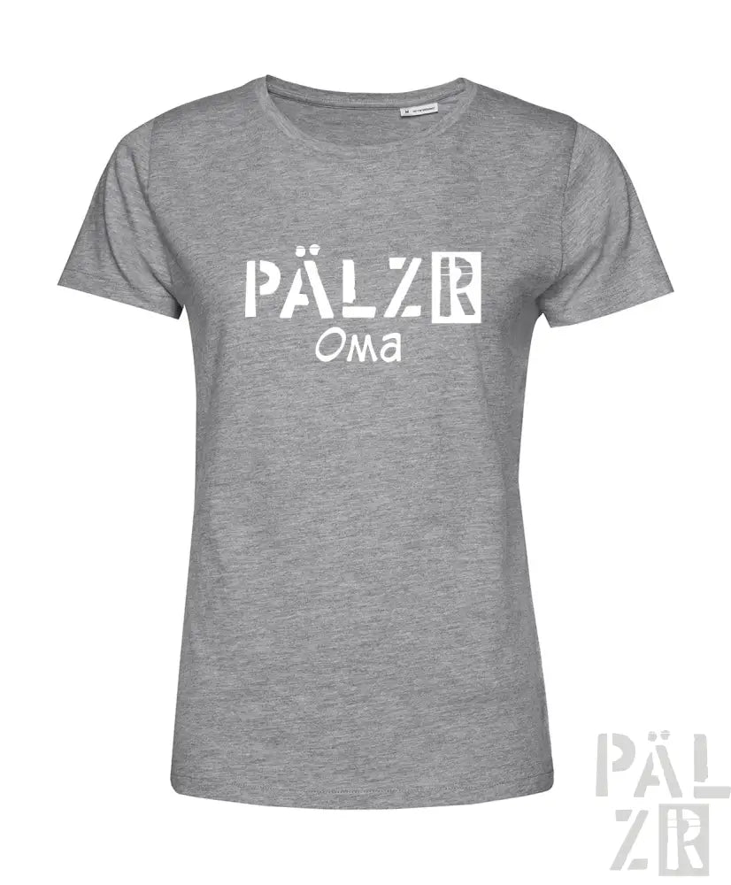 Graues, heathered Baumwoll-T-Shirt mit ’pälzb oma’ Textdesign.