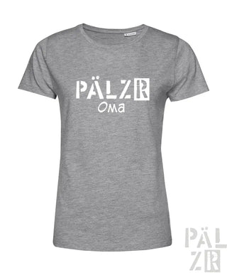 Graues, heathered Baumwoll-T-Shirt mit ’pälzb oma’ Textdesign.