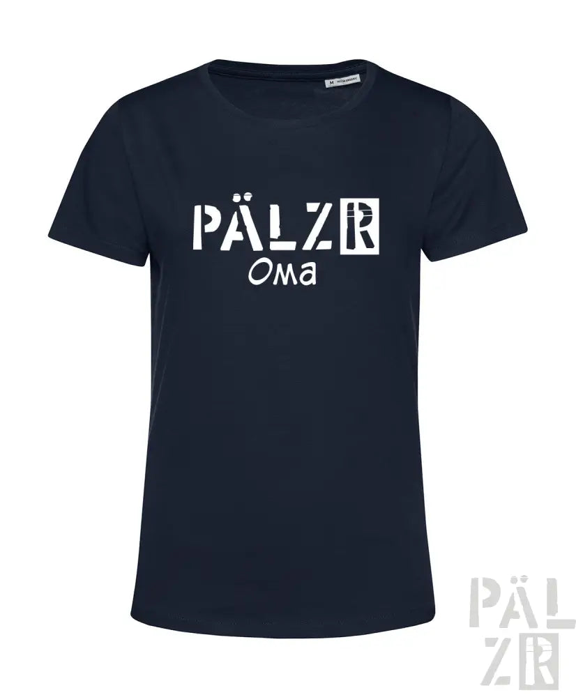 Marineblaues T-Shirt mit ’pälzr oma’-Design in weißer Schrift und Logo am Ärmel.