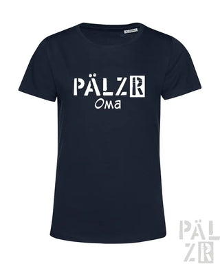 Marineblaues T-Shirt mit ’pälzr oma’-Design in weißer Schrift und Logo am Ärmel.