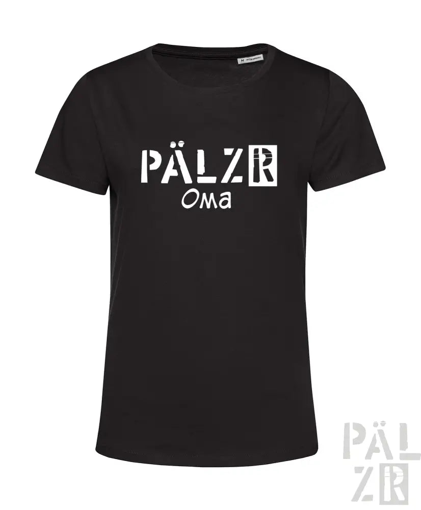 Schwarzes T-Shirt mit weißem Text ’pälzr oma’ Design, aus Baumwolle.