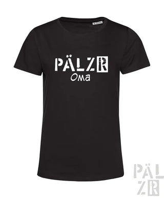 Schwarzes T-Shirt mit weißem Text ’pälzr oma’ Design, aus Baumwolle.