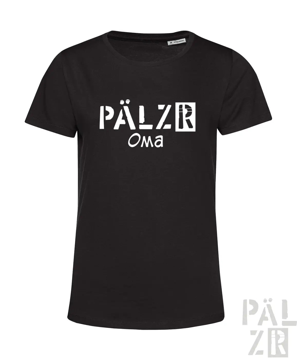Schwarzes T-Shirt mit weißem Text ’pälzr oma’ Design, aus Baumwolle.