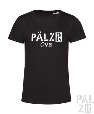Schwarzes T-Shirt mit weißem Text ’pälzr oma’ Design, aus Baumwolle.