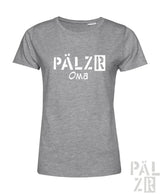 Graues meliertes damen t-shirt aus baumwolle mit weißem pälzr oma grafikprint in verschiedenen farben