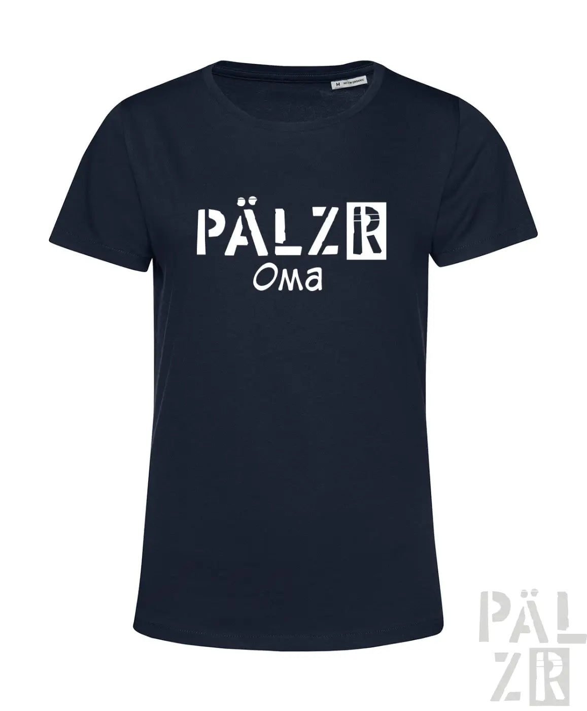 Damen kurzarm t-shirt in marineblau mit weißem pälzr oma grafikdruck aus Baumwolle in verschiedenen farben