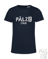 Damen kurzarm t-shirt in marineblau mit weißem pälzr oma grafikdruck aus Baumwolle in verschiedenen farben