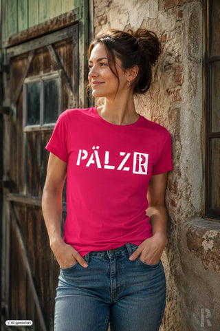 Frauen pinkes kurzarm t-shirt mit auffälligem weißen pälz schriftzug von pälz originals in verschiedenen farben