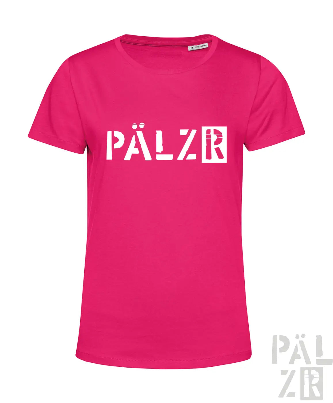 Vibrantes pinkes damen t-shirt von PÄLZR originals mit fettem weißen pälzr logo auf der brust in verschiedenen farben