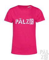 Vibrantes pinkes damen t-shirt von PÄLZR originals mit fettem weißen pälzr logo auf der brust in verschiedenen farben