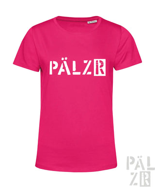 Vibrantes pinkes damen t-shirt von PÄLZR originals mit fettem weißen pälzr logo auf der brust in verschiedenen farben