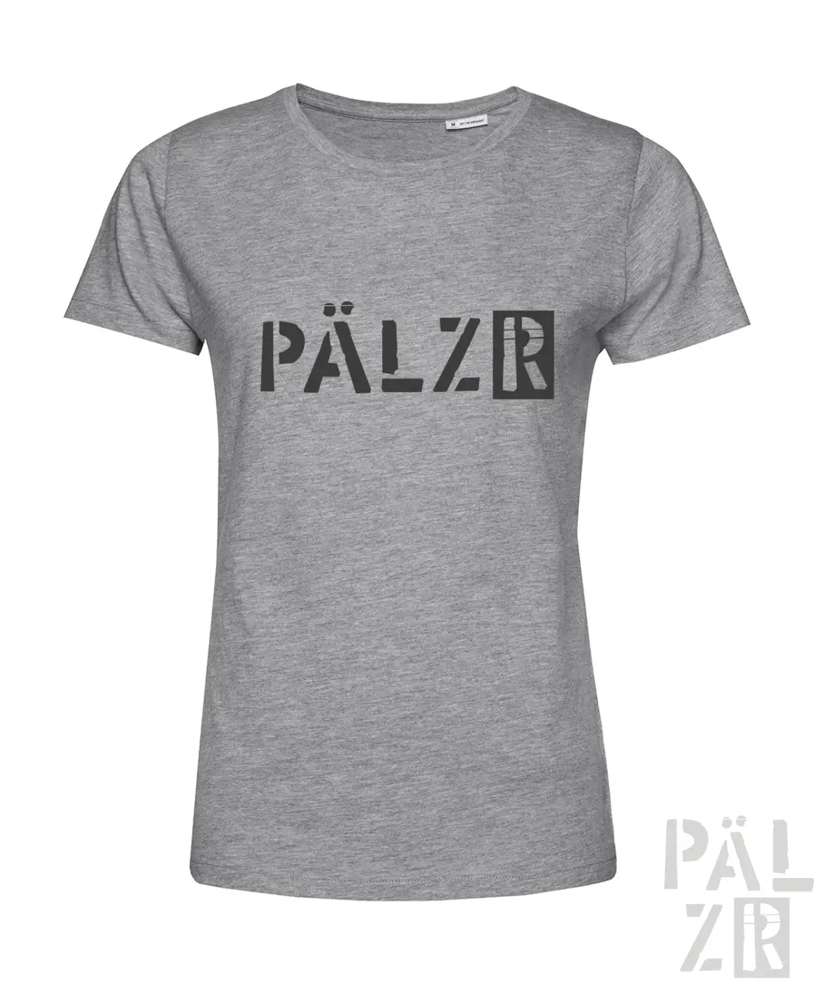 Frauen t-shirt pälzr originals in grauem meliertem baumwollstoff mit schwarzer pälzr schrift auf der brust
