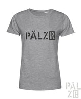 Frauen t-shirt pälzr originals in grauem meliertem baumwollstoff mit schwarzer pälzr schrift auf der brust