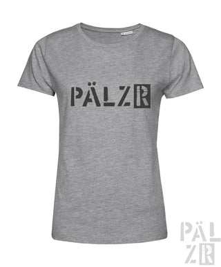 Frauen t-shirt pälzr originals in grauem meliertem baumwollstoff mit schwarzer pälzr schrift auf der brust