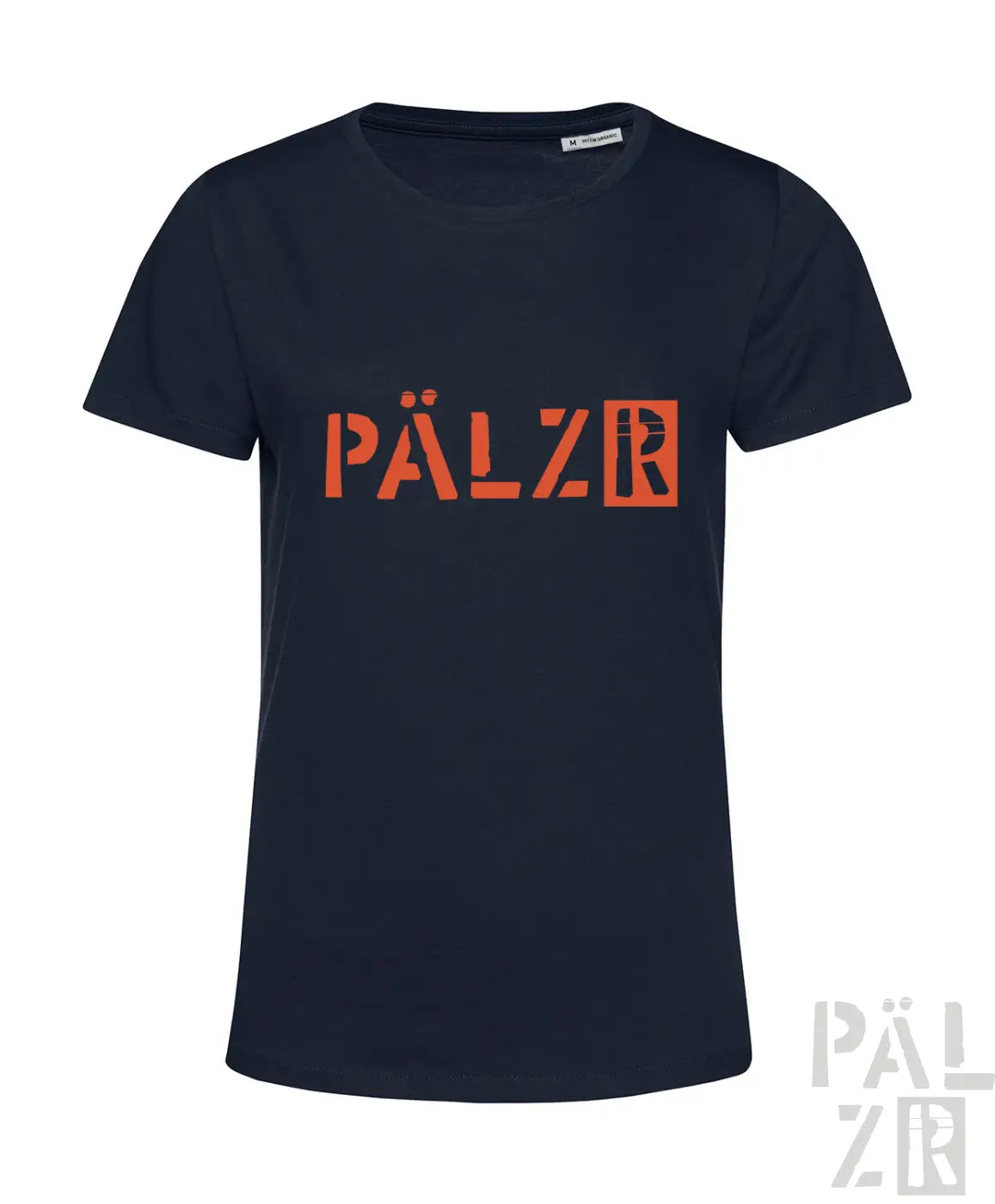 Frauen navy blaues kurzarmshirt mit auffälliger oranger pälzr schrift auf der brust von pälzr originals