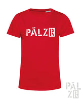 Rotes frauen t shirt von pälzr originals mit weißen pälzr schriftzug und kurzen ärmeln in verschiedenen farben