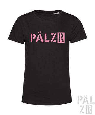 Schwarzes kurzarm damen t-shirt mit auffälligem pinkfarbenem pälzr original logo auf der brust in verschiedenen farben