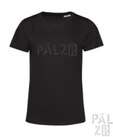 Schwarzes frauen t-shirt von pälzr originals mit dezentem dunkelgrauen logo auf der brust verfügbar in verschiedenen farben