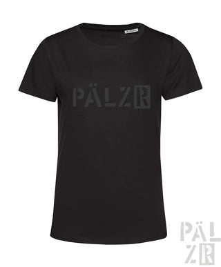Schwarzes frauen t-shirt von pälzr originals mit dezentem dunkelgrauen logo auf der brust verfügbar in verschiedenen farben