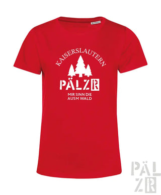 Rotes T-Shirt mit weißem Text und Design mit ’kaiserslautern pälz’ und Bäumen, aus Baumwolle.