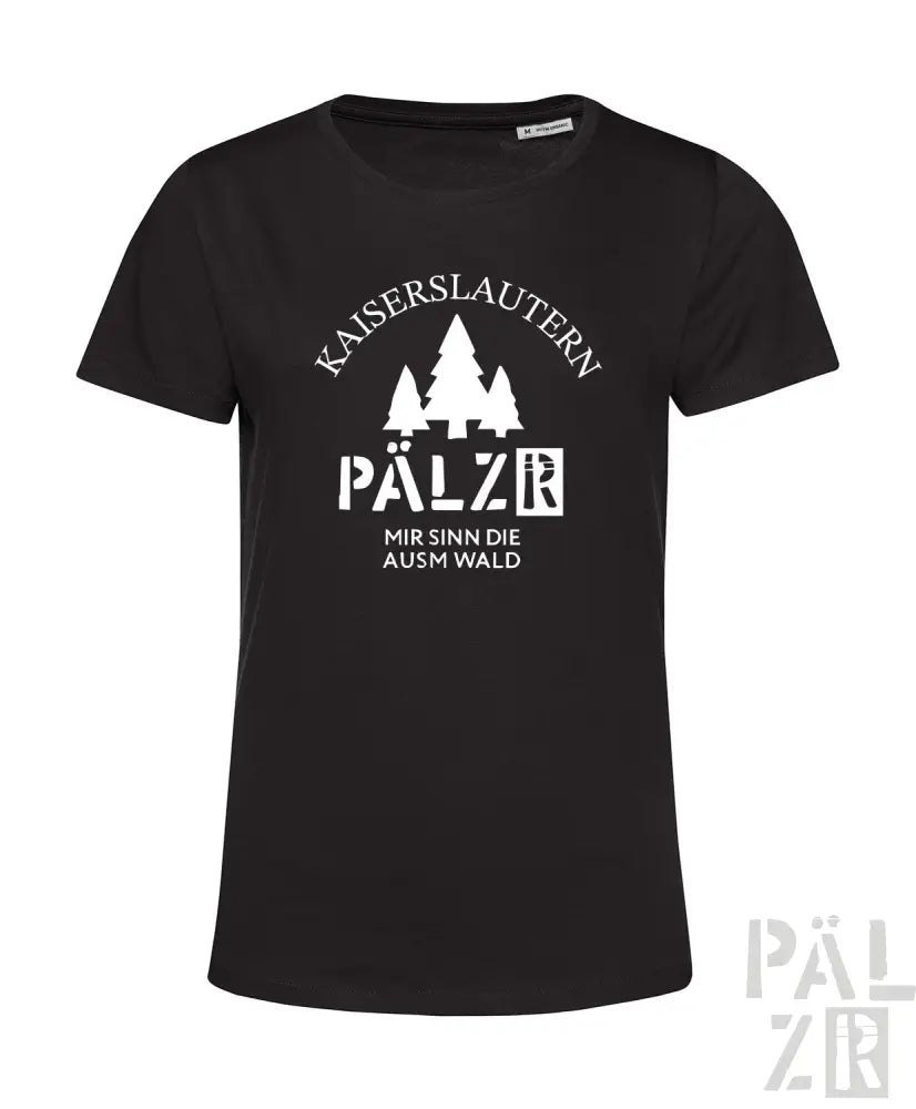 Schwarzes T-Shirt mit weißem Text und Design, das „kaiserslautern pälzer“ und Bäume zeigt, aus Baumwolle.