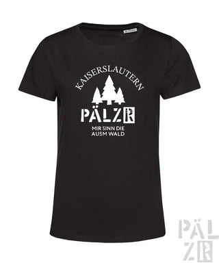 Schwarzes T-Shirt mit weißem Text und Design, das „kaiserslautern pälzer“ und Bäume zeigt, aus Baumwolle.