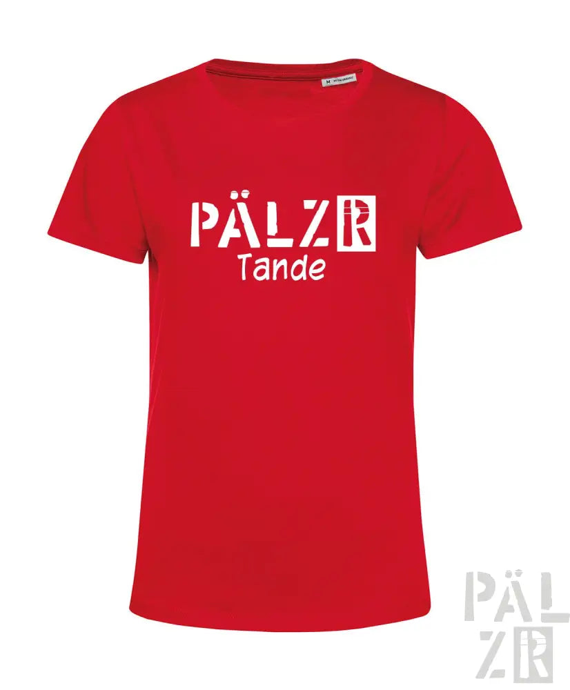 Rotes T-Shirt mit Textdesign „pälzr tande“, Baumwollmaterial.