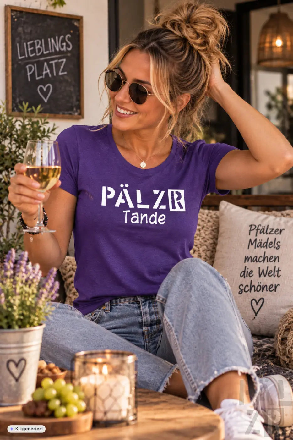 Frauen t-shirt in lila mit weißem schriftzug pälzer tande und kleinem quadratischem design oberhalb von tande