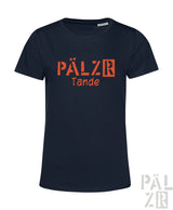 Frauen t-shirt navy blau kurzarm mit orange pälzr tande grafikdruck verschiedene farben