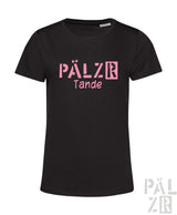Schwarzes frauen t-shirt mit kurzem arm und pinkem pälzr tande grafikdruck in verschiedenen farben